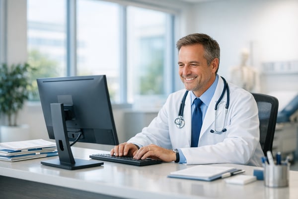 Doctor Working on Computer in Hospital